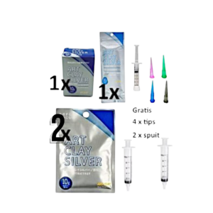 Voordeelpakket zilverklei, art clay silver. 2x 10 gram, spuitjes en 4 tips, nozzels, art clay pasta 10 gram en spuitklei / syringe 10 gram Silverclay discount package